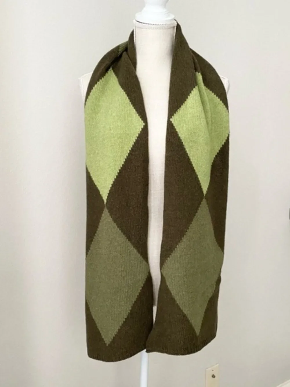 Olive Green Argyle Wool Blend Scarf Made in Italy Preppy Academia Winter Wrap